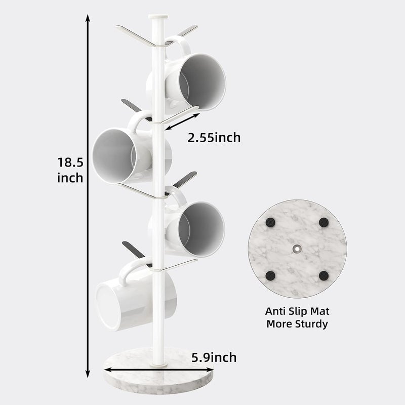 Gypie Mug Holder Tree with Marble Base, 8 Hooks White Coffee Cups Holder Stand, New Upgrad Stable Removable Mug Rack for Kitchen Cafe - Image 4